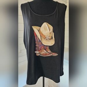 Black Sleeveless Top with Cowboy Hat and Boots Design